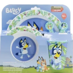 VAJILLA BLUEY PLATO+VASO+CUENCO+CUBIERTO